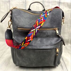 Gray Faux Leather Backpack with Colorful Strap